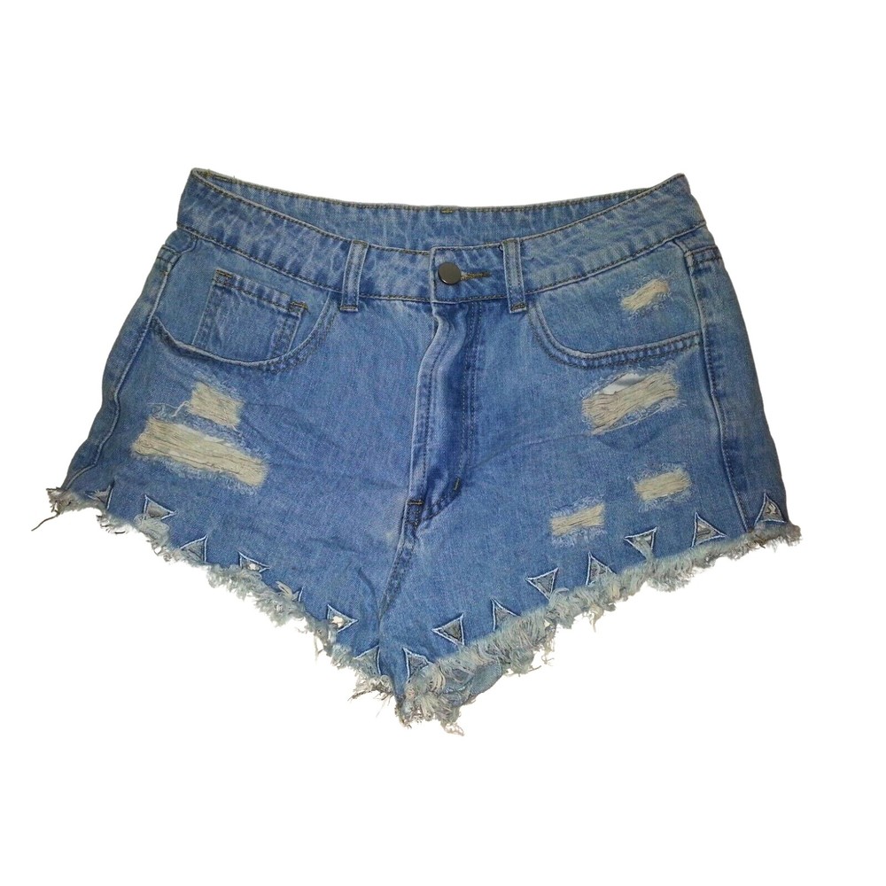 Shein Denim Shorts  Women's M (6) Blue Raw Hem Ripped Triangle Cutout